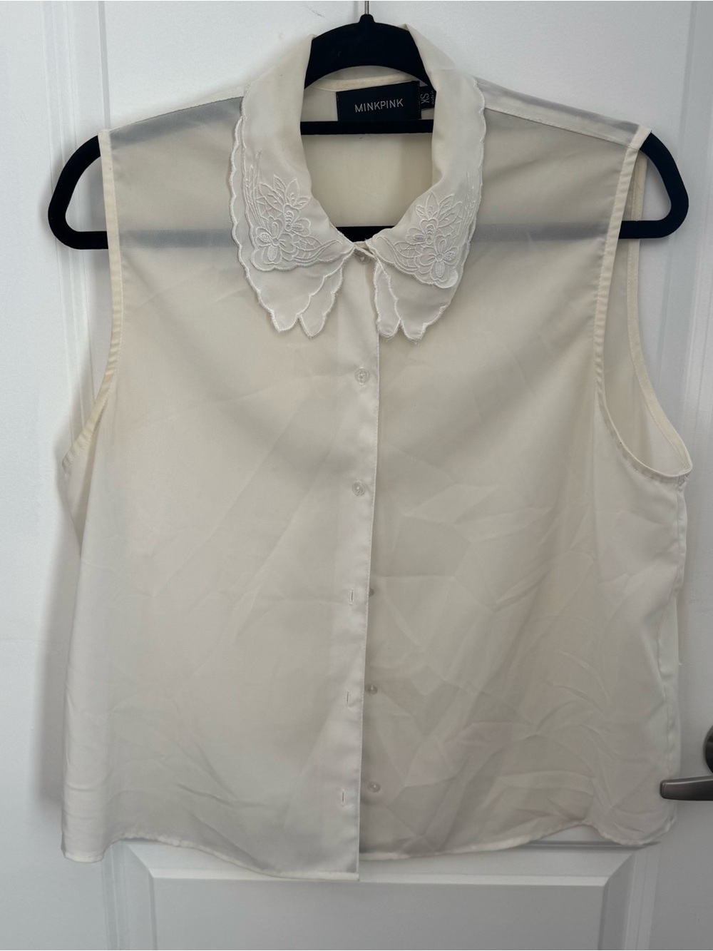 MINKPINK Embroidered Peter Pan Collar Sleeveless Blouse in Cream